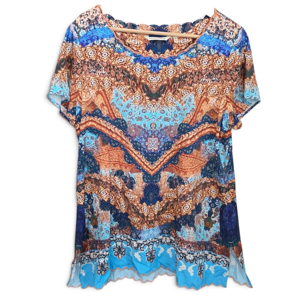 Soft Surroundings Top Womens Medium Scalloped Hem Floral Medallion Tunic Shirt